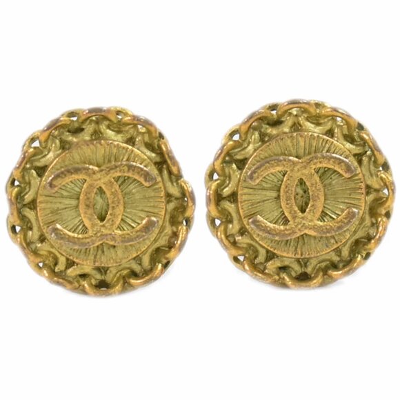 CHANEL CC Gold Plated Round Earrings Clip - Picture 1 of 9
